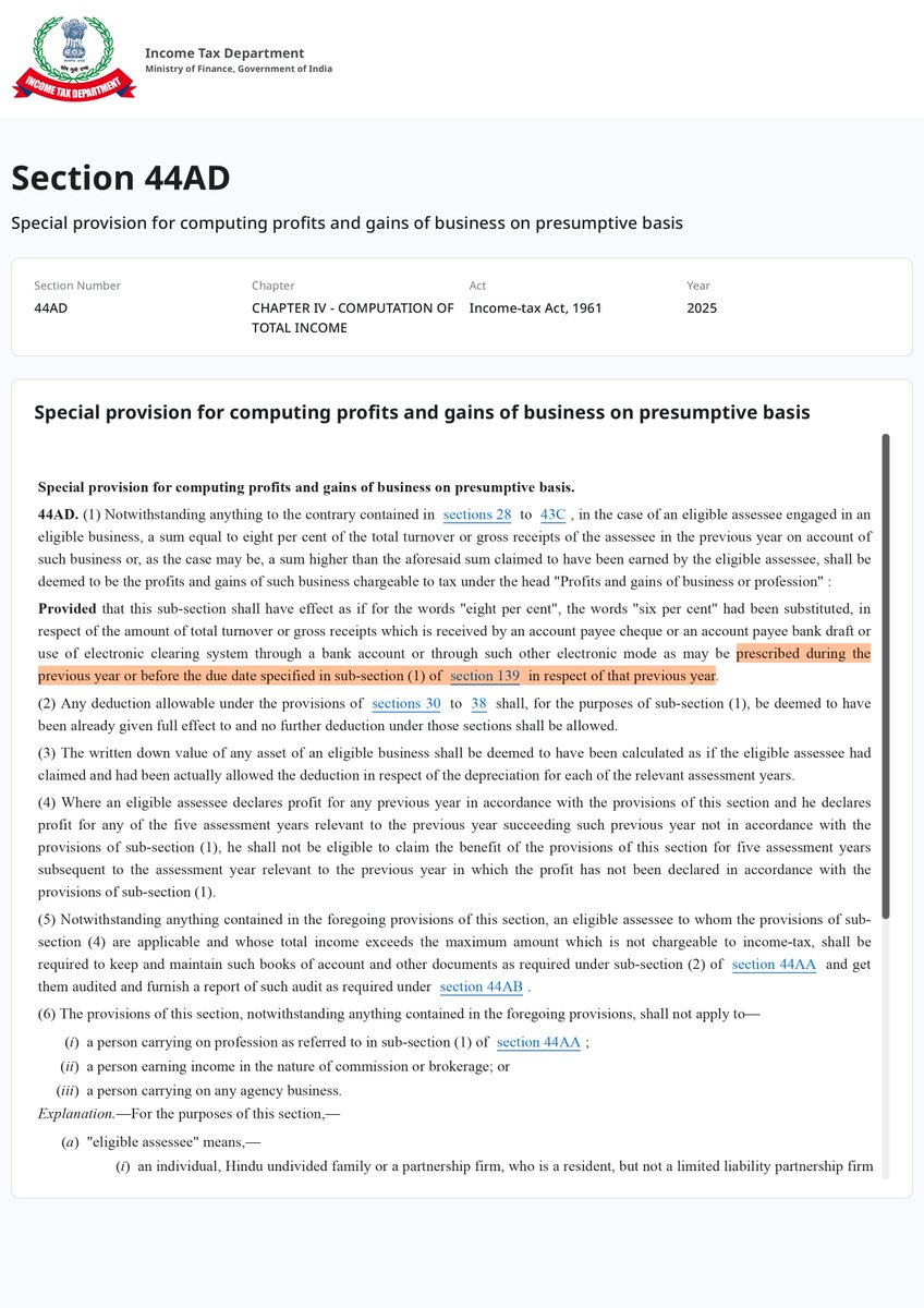 cagauravbgs's tweet photo. Sec. 44AD Alert ⚠️
Receivables not realized on or before the ITR due date (31 Aug 2026 for FY 2025-26) do not qualify for the 6% presumptive rate under S.44AD.
Even if such debtors are later realized through banking channels (NEFT/RTGS/A/c Payee Chq, etc.), 8% profit will apply. https://t.co/49OjCOYLk9