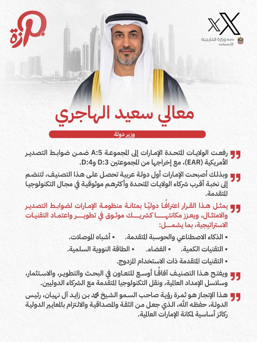 uae_parza's tweet photo. معالي سعيد الهاجري :
قرار رفع تصنيف الإمارات إلى المجموعة A:5 كأول دولة عربية يؤكد الثقة العالمية بمنظومة الدولة، ويجسد نجاح رؤية القيادة في بناء بيئة وطنية متقدمة وشراكات استراتيجية
#بنظهر_أقوى 🇦🇪
@Saeed_Hajeri https://t.co/5MDfzOMFCS