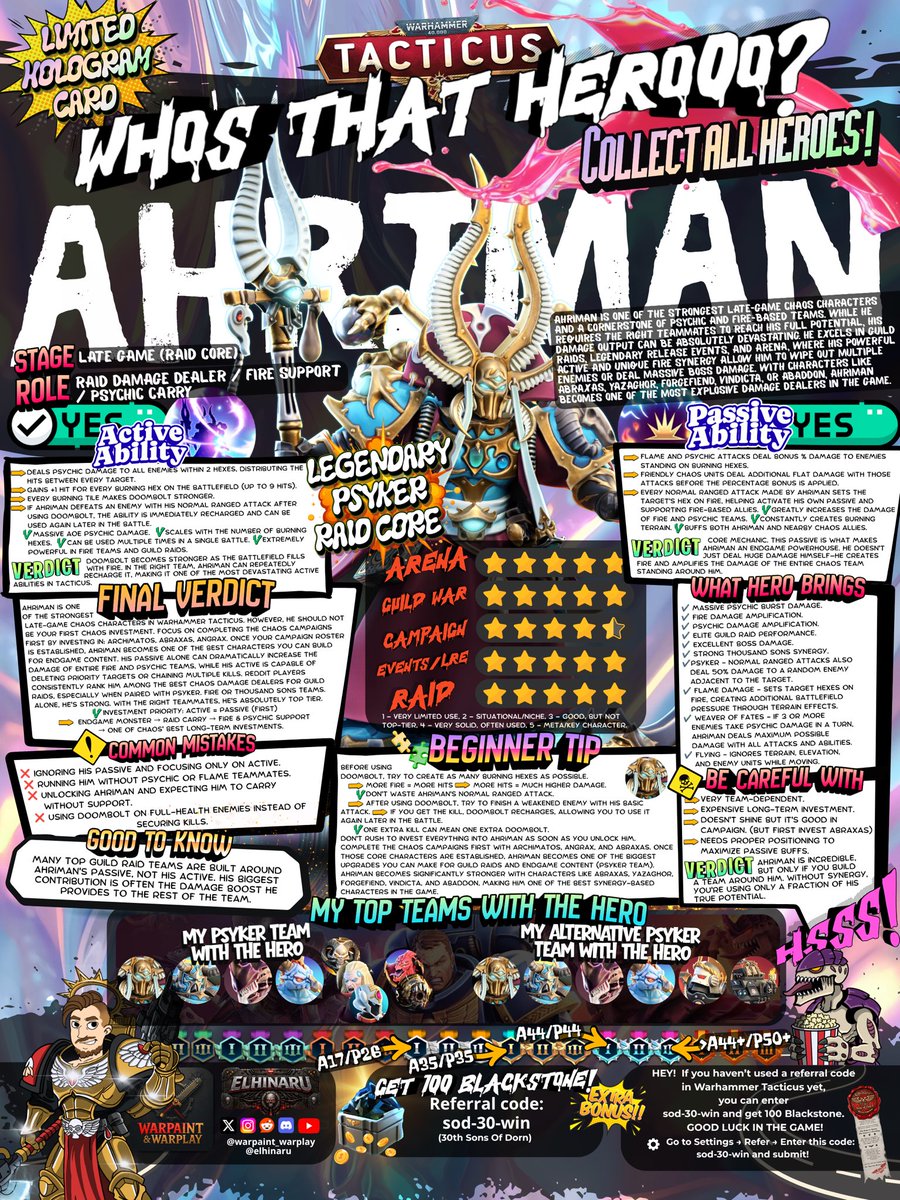 TacticusCodes's tweet photo. "Who's That Herooo?" AHRIMAN card. Basic info for Beginners. Warhammer 40000 Tacticus. 

Hey! If you have any experiences for new players with AHRIMAN - let us know!

#warhammertacticus #tacticus #tacticuscode #wh40ktacticus #wh40k https://t.co/yVihtXXKWJ