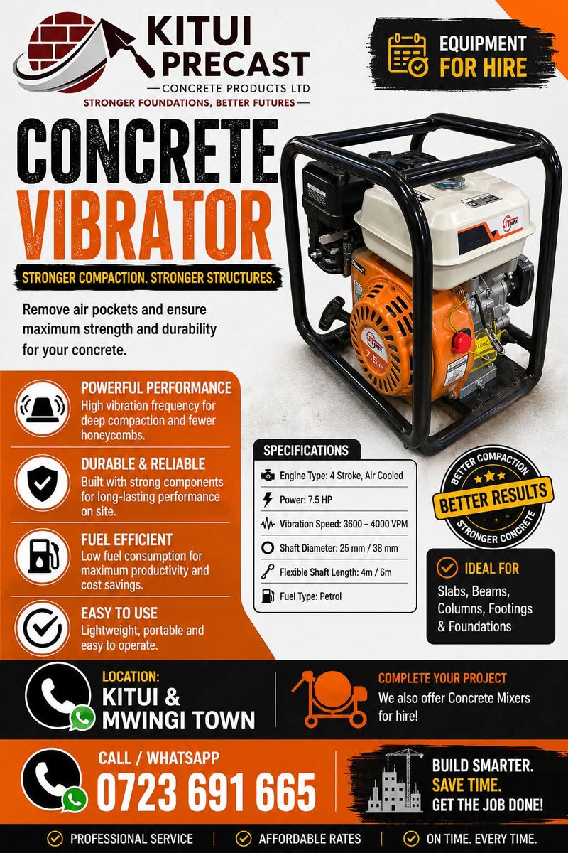 KituiPrecast's tweet photo. Concrete vibrator available for hire in Kitui. Call 0723 691 665. https://t.co/KIjmI9nhd4