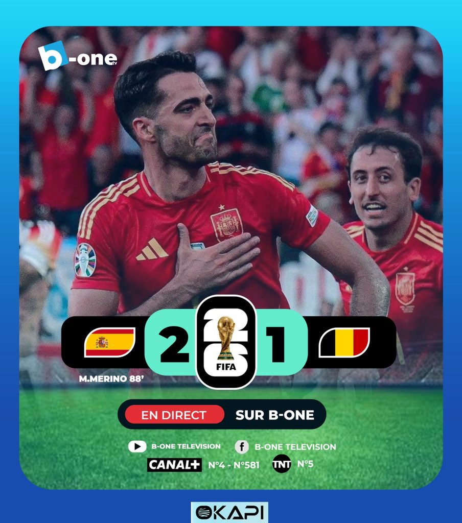 b_onetv's tweet photo. Coupe du monde ⚽️
L’Espagne s’impose 2-1 face à la Belgique et décroche sa qualification pour les demi-finales de la Coupe du monde 2026. https://t.co/ALzhEZhGWE