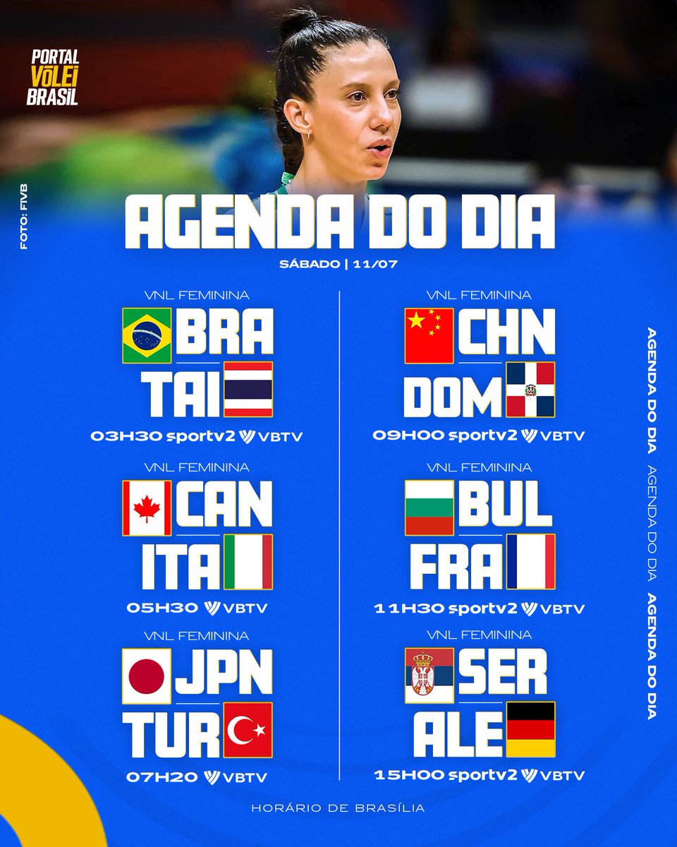 portal_volei's tweet photo. 📆 Agenda da VNL Feminina deste sábado (11/07) ⬇️ https://t.co/ofTwRbwpSu