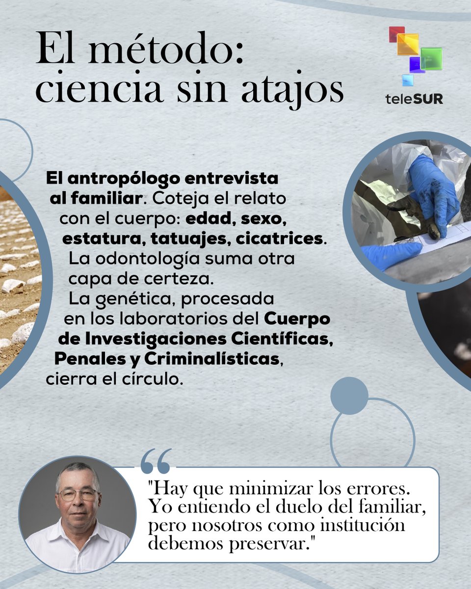 teleSURtv's tweet photo. 🚨 El director adjunto del Servicio Nacional de Medicina y Ciencias Forenses (SENAMECF), Sinuehé Villalobos, lidera la identificación de las víctimas del doblete sísmico del 24 de junio mediante un método que integra antropología, odontología y genética, priorizando la certeza científica antes de entregar un cuerpo.