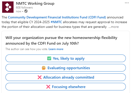NMTCWG's tweet photo. 📢 New NMTC homeownership flexibility from the CDFI Fund reflects a change we've been advocating for. The required submission details may also provide an early look at priorities for the CY 2026 application.

Learn more and vote in our LinkedIn poll 👇

https://t.co/i9tbWv0U8T https://t.co/T2Ews30h3w