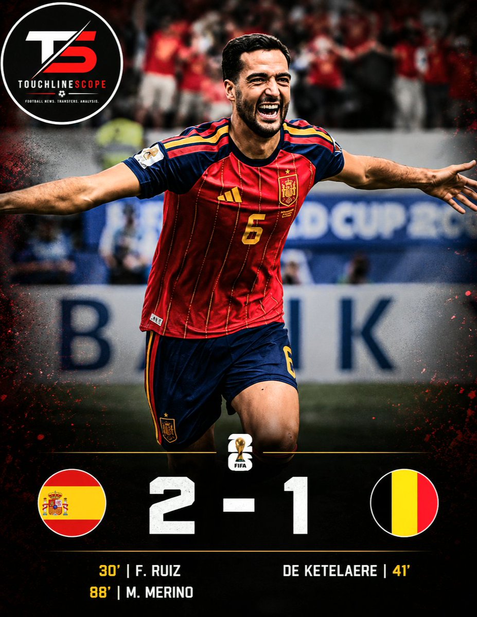 Touchlinescope's tweet photo. 🚨🇪🇸 SPAIN ARE THROUGH TO THE WORLD CUP SEMI-FINALS!

 Mikel Merino delivers yet again, scoring the late winner to send Belgium crashing out of the tournament. 💔🇧🇪

Spain keep their dream alive! 🔥

👇 Who was your Man of the
 Match? https://t.co/l9CAFKX83Z