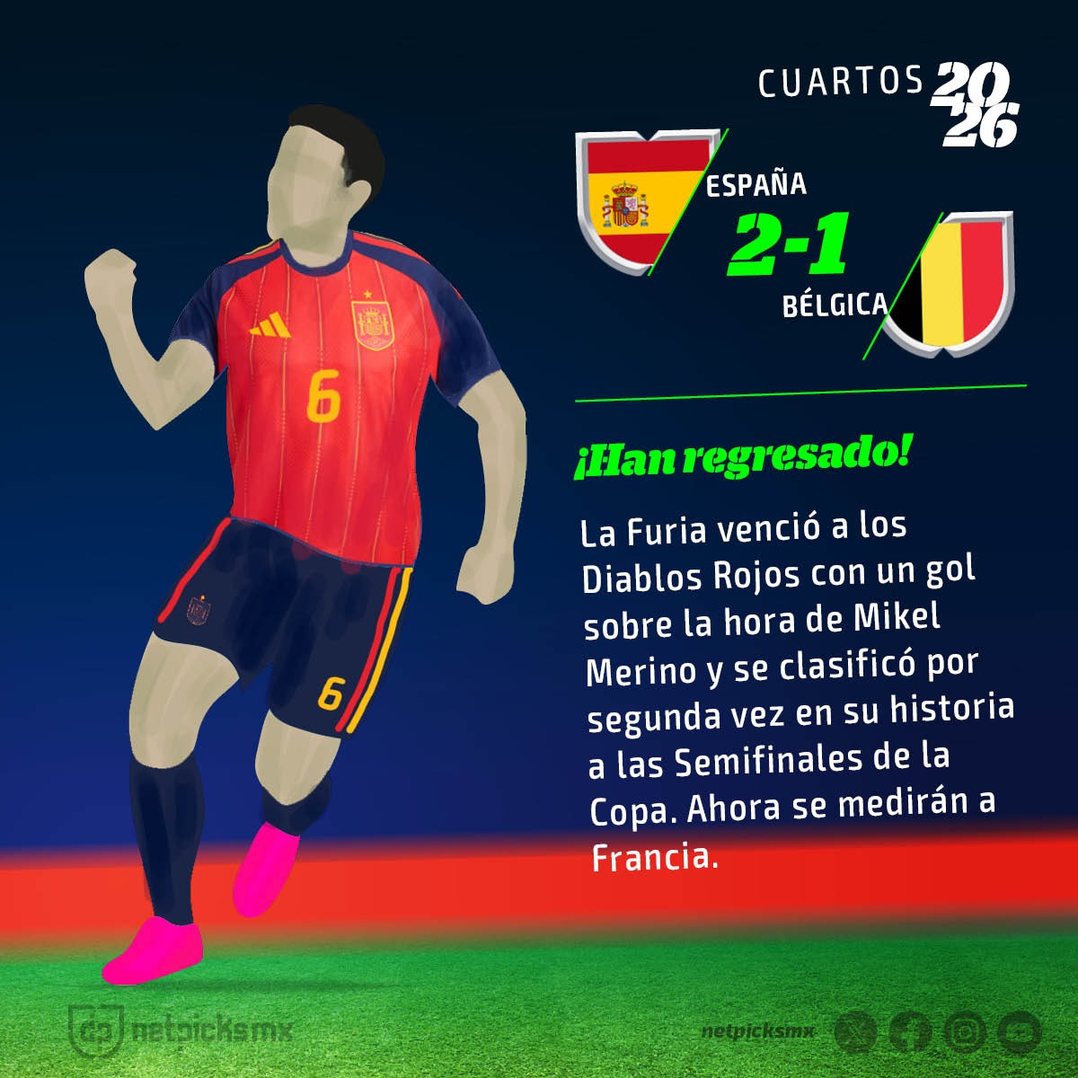 netpicksmx's tweet photo. ¡𝐌𝐔𝐂𝐇𝐀 𝐅𝐔𝐑𝐈𝐀! 🔥🇪🇸

De nueva cuenta, Mikel Merino se vistió de héroe y con su gol a los 88'. le dio el boleto a #España a las Semifinales. 

Los últimos sobrevientes de la llamada generación dorada de #Bélgica parece haber terminado su camino mundialista. 

Y lo que se viene: Francia vs España 🔥