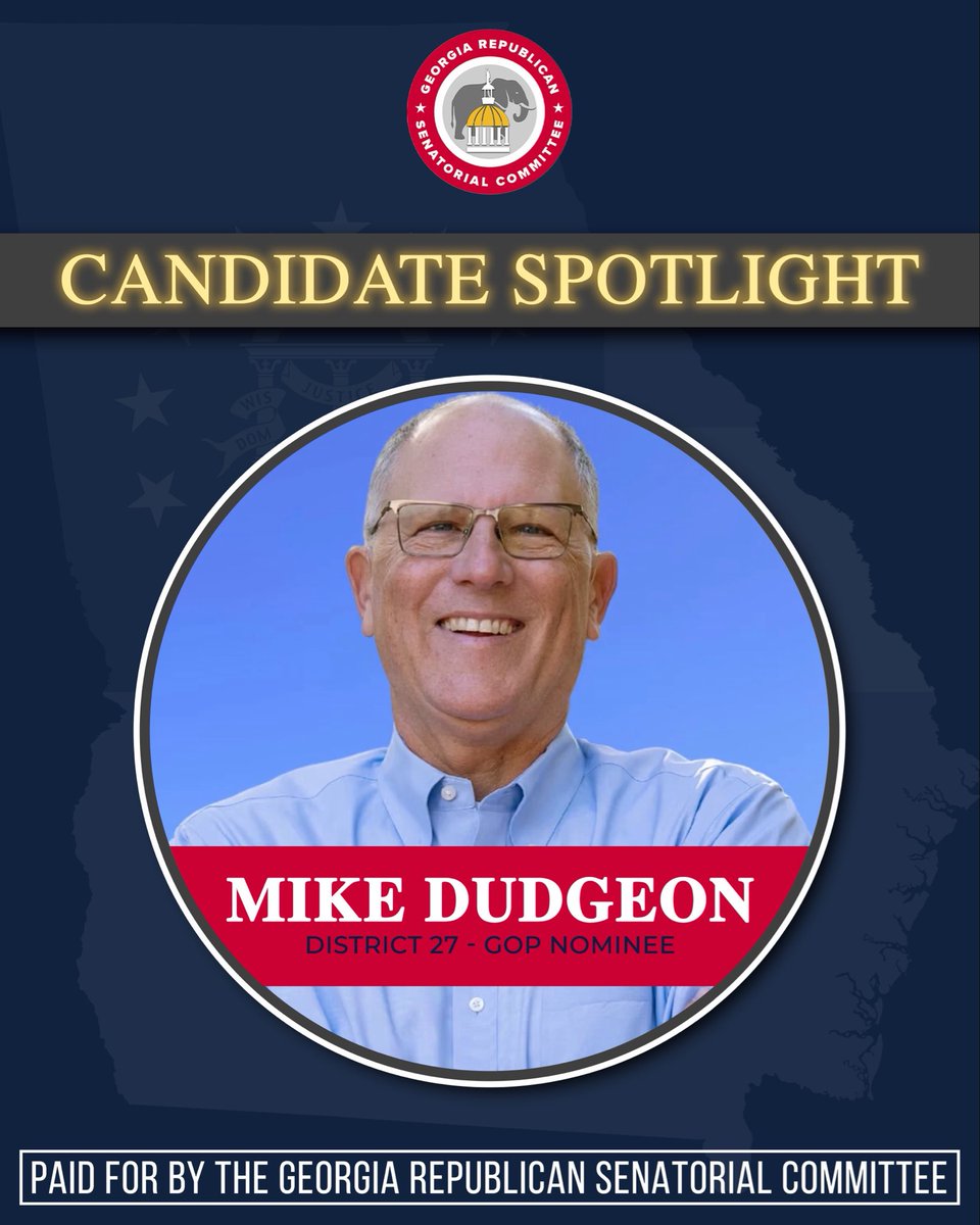 GASenateGOP's tweet photo. This week’s Candidate Spotlight features Mike Dudgeon.

A Georgia Tech engineer, small business builder, and proven conservative, Mike is running for Georgia State Senate District 27 because he believes in doing the hard work that actually delivers results. In the State House, he voted against the largest tax increase in state history, backed Georgia’s toughest illegal immigration law, expanded school choice, and fought to cut the state income tax in half.

Make sure you vote for Mike Dudgeon in the upcoming election!

To learn more about Mike visit: https://t.co/tMxwElYgzV

#gapol #GAsenate #district27 #conservative #Forsyth