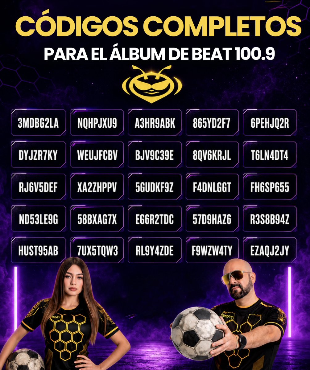 BEATOFICIAL's tweet photo. ¿Te faltan códigos? Aquí tienes todos los códigos que llevamos hasta ahora. 🙌 Cada viernes publicaremos todos códigos. Regístralos en https://t.co/n1jK2K5wlM y participa por 6 meses de conciertos gratis 🤘🏽
🐝 https://t.co/Us0hQS5n93
#futbol #givaway #concierto #fiestadelfubol https://t.co/RvXA8v0sws