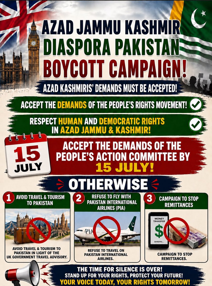 afsharidshah's tweet photo. 🚨Azad Jammu Kashmir’s diasporas boycott campaign against Pakistan 

Since the 5th of June, Pakistan has enforced a food blockade &amp; communications blackout in AJK and has killed over 200 people, including children. https://t.co/dUWJmYe8XV