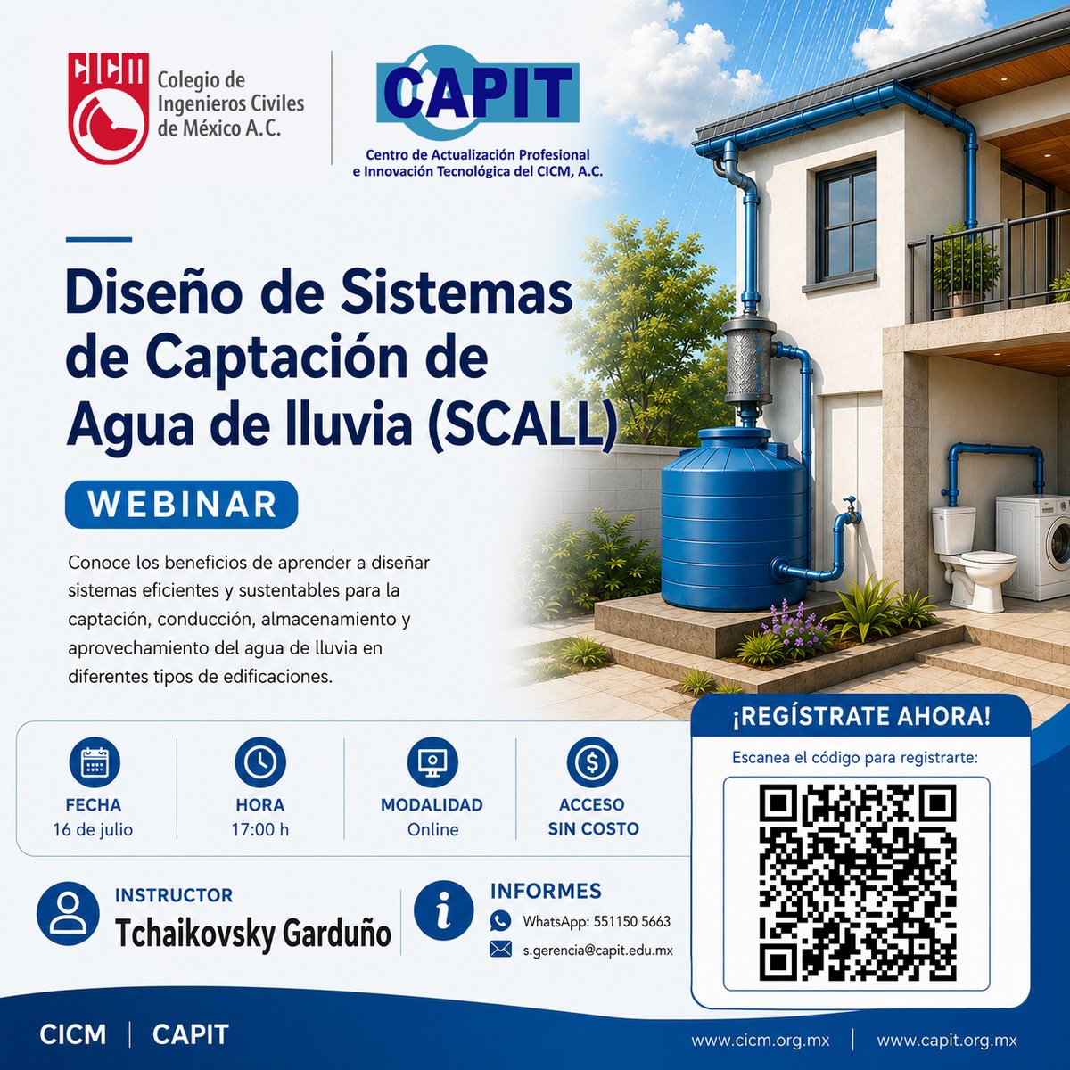 CICMoficial's tweet photo. 🌧️ Conoce todo sobre el curso "Diseño de Sistemas de Captación de Agua de Lluvia (SCALL)".

📅 16 de julio | 🕔 17:00 h
💻 Modalidad: Online
🎓 Instructor: Tchaikovsky Garduño
✅ Acceso sin costo

📲 Regístrate
https://t.co/gXj2vGuMf2 https://t.co/Jno8u6ujJi