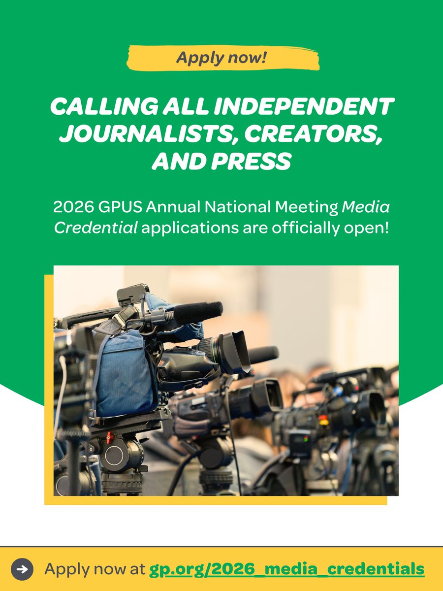 GreenPartyUS's tweet photo. Are you a digital creator, independent journalist, or media outlet? 

Media credential applications for the 2026 GPUS Annual National Meeting are officially open!

Apply now at https://t.co/x5u79qZnbg. https://t.co/9Rx1dNbXir