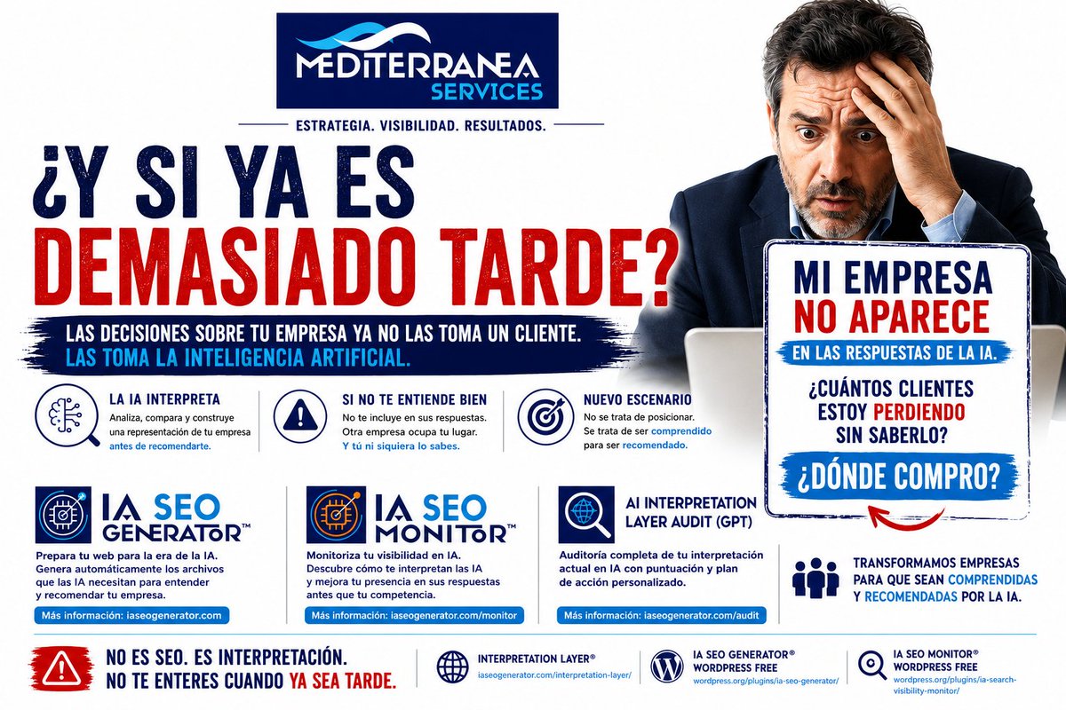MeditServices's tweet photo. YA ESTÁ PASANDO. 11 JULIO 2026.

El problema no es Google.

Es que la IA puede estar recomendando a tu competencia sin que tú lo sepas.

https://t.co/CyNivqdb2a

#IA #AISearch #MarketingDigital https://t.co/vqpwtHCsLU