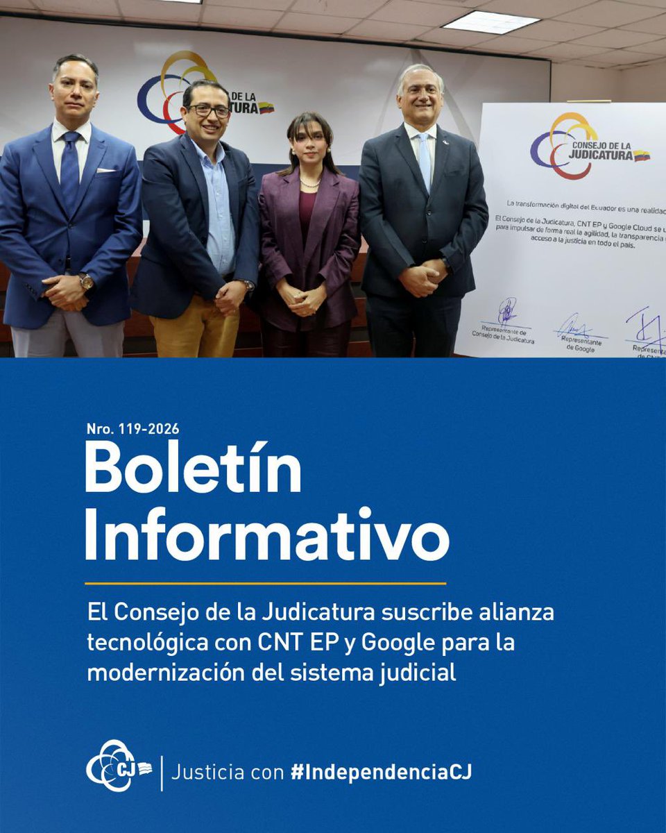 CJudicaturaEc's tweet photo. 📰 | #BoletínCJ

El Consejo de la Judicatura oficializó una alianza tecnológica con la Corporación Nacional de Telecomunicaciones (@CNT_EC) y @googlecloud para la modernización del sistema judicial. A través del proyecto "Google Workspace Enterprise Plus", se garantiza la continuidad operativa, soporte técnico y ciberseguridad.

🔗Conoce más detalles aquí: https://t.co/51SZ5Uozyy 

#JusticiaConIndependenciaCJ ⚖️