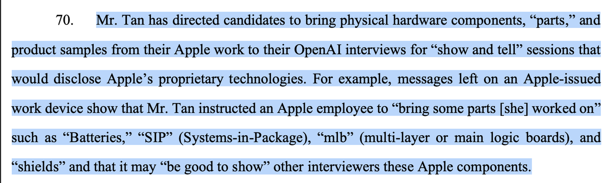 stephenrobles's tweet photo. OpenAI's Chief Hardware Officer apparently directed former Apple employees to bring confidential hardware components TO THEIR OPENAI INTERVIEW for "show and tell."

Wild... (from the court filing): https://t.co/3IUsd03YnB