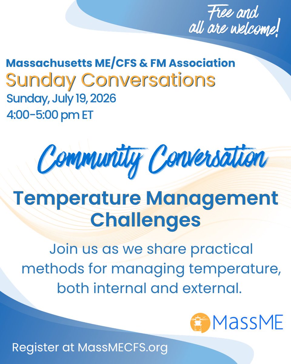 MassMECFS's tweet photo. It’s hot out there! But managing temperature is a daily challenge all year long for many with ME/CFS, Long COVID, and dysautonomias. 
Join us for this free community conversation. 
https://t.co/XYIhPhIODL
 
#massmecfs #chronicfatigue #longcovid #MyalgicEncephalomyelitis https://t.co/gE5gHcyqAf