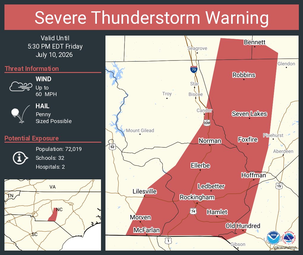 NWSRaleigh's tweet photo. Severe Thunderstorm Warning continues for Rockingham NC, Hamlet NC and  Seven Lakes NC until 5:30 PM EDT https://t.co/JEOVT7t6nD