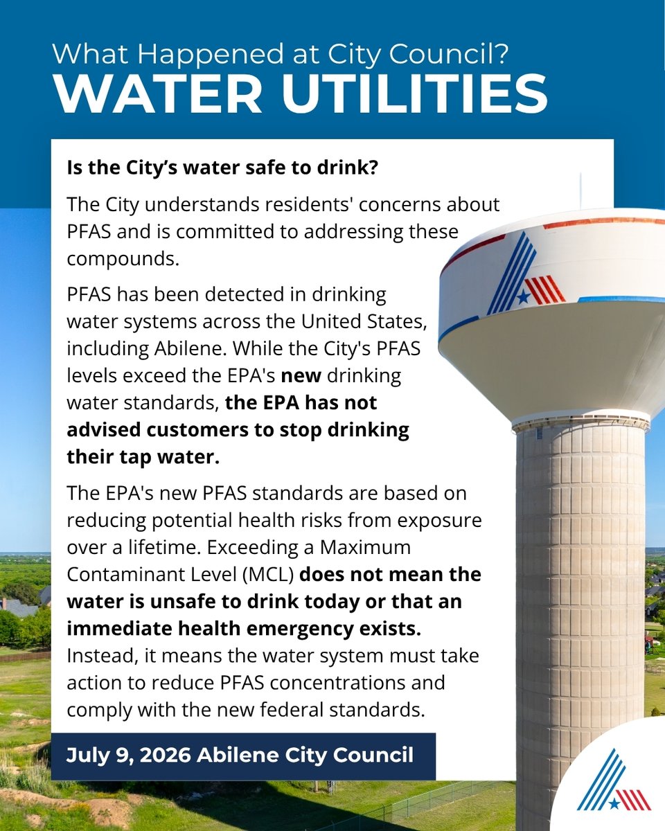 CityOfAbilene's tweet photo. 💧 Learn more about PFAS and the new guidelines the City will be working to meet with the approved professional services contract from this week's City Council. 🔗https://t.co/l8TppA8zs1 https://t.co/1swTEedDJr