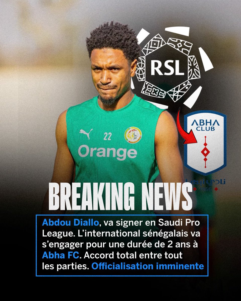 FootballSenegal's tweet photo. 🚨🇸🇦 : Abdou Diallo va s’engager en Saudi Pro League à Abha FC pour une durée de 2 ans. 

Accord trouvé entre toutes les parties pour la signature de l’international sénégalais. https://t.co/WGo6gWIKdt