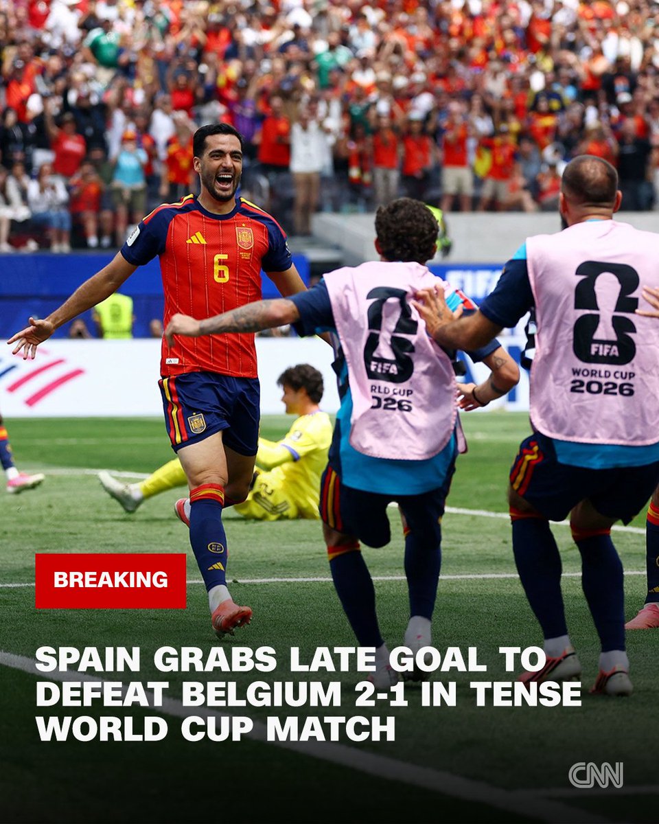 cnni's tweet photo. Spain grabs a late goal to defeat Belgium 2-1 in a tense World Cup match and will face France in the semifinals. https://t.co/COra0aCLxF https://t.co/JOCJ9vPWcd