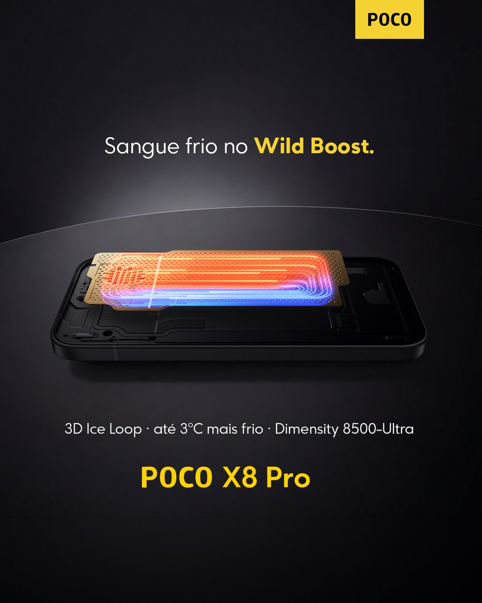 POCOBrasil's tweet photo. Você não perde pro adversário. Perde pro celular que esquenta e te entrega.

O Wild Boost leva o Dimensity 8500-Ultra ao limite para segurar o frame. 

O 3D Ice Loop mantém o calor no lugar, até 3°C a menos, para esse limite durar a partida inteira. No talo, com a cabeça (e o aparelho) mais frios.

Poco X8 PRO é Velocidade ao máximo.

#POCOX8Pro #POCOBrasil