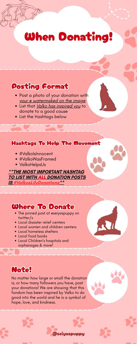 seiyaspuppy's tweet photo. 🚨INFORMATION ON #ValkosLilyDonations 🚨

Please read ALL four images when you are donating in the name of Valko!

‼️NOTE‼️
ONLY use #ValkosLilyDonations for posts regarding donating. It will help keep the donations easier to find when people rt and boost them
#ValkoIsInnocent https://t.co/KgxM5M12wL