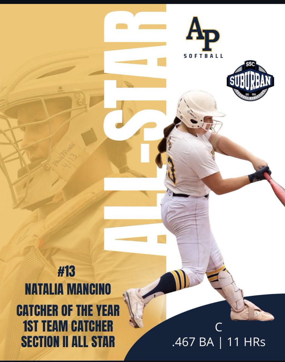 Natalia_MM52's tweet photo. I could not be more thankful to be named Catcher of the year for section 2. And player of the year for New York State class A. Thank you to Averill park softball for making my last year the most memorable year yet. #13out @softballatAP @UBBullssoftball @CDFusionSB @518Softball https://t.co/x78YOVjAFx