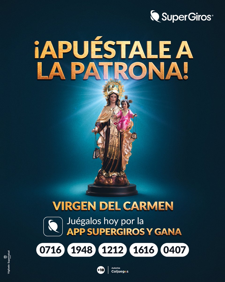 SuperGiros_'s tweet photo. ¡Hoy es 16 de julio! Ponle fe a tu suerte y juega en la App #SuperGiros los números bendecidos de la #VirgenDelCarmen.​

Muchos ya han ganado con los agüeros de este día, ¿y si hoy es tu turno?​

La suerte está del lado de los que creen.​

Entra ya a la app, asegura tu jugada y deja que la bendición viaje contigo.​

Juega aquí tus números de la suerte​https://t.co/7thmjFDVok