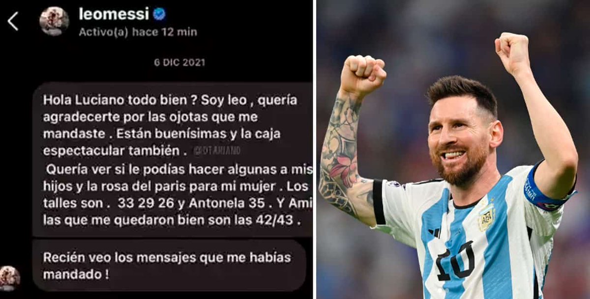 MessiLeoBrasil_'s tweet photo. E quando Lionel Messi humildemente mandou uma mensagem à um vendedor de calçados agradecendo pelas sandálias que deram pra ele?

“Olá, Luciano, tudo bem? Sou o Leo. Queria agradecer pelas sandálias que me mandou. São bonitas. Queria ver se podem mandar também para os meus filhos e para a minha esposa”