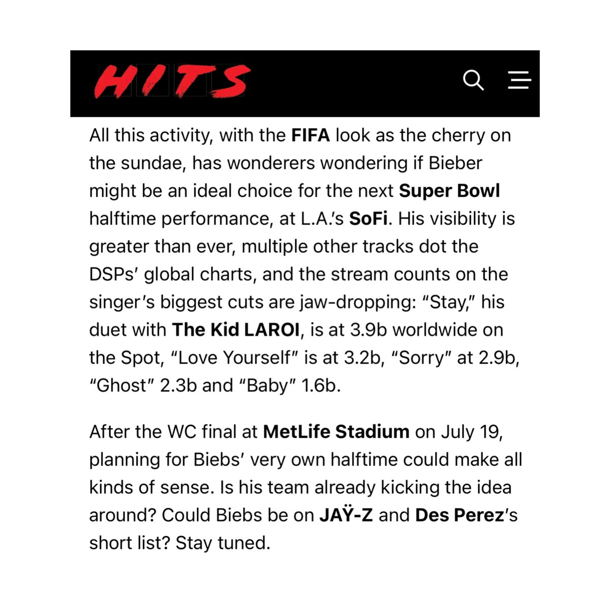 BiebCrave's tweet photo. HITSDD hints that Justin Bieber could be on JAY-Z and the Roc Nation CEO’s shortlist to headline the next Super Bowl Halftime Show. https://t.co/IQIxbPTg0T