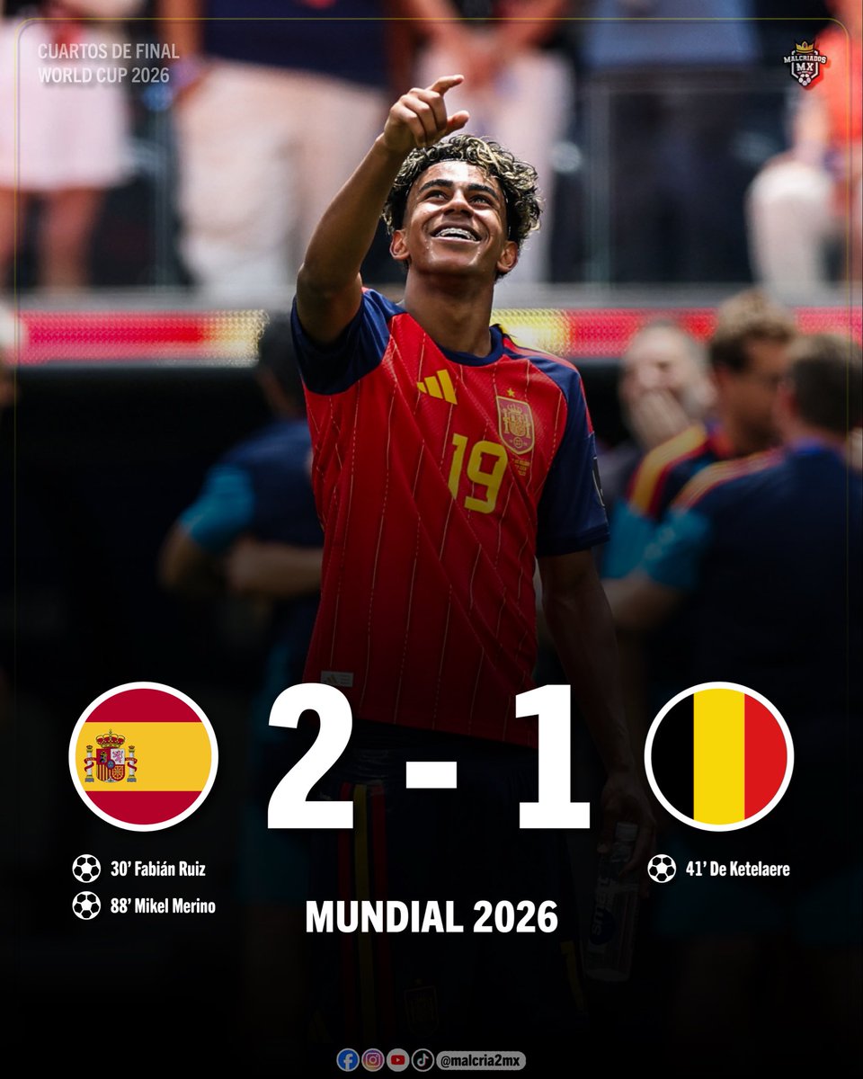 malcria2mx's tweet photo. 😱🇪🇸 ¡España a semis! Vencen 2-1 a Bélgica

La Roja recibió su primer gol del torneo, pero un gravísimo error del arquero suplente tras la lesión de Courtois le regaló el gol del triunfo.

 ¡Habrá final adelantada vs Francia! 🔥

#Mundial2026 #Espana #Belgica #LaRoja #Futbol https://t.co/V948UrfUp2