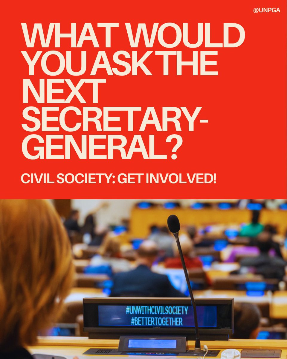 UN_PGA's tweet photo. What would you ask the next UN Secretary-General?
Civil society organizations are invited to attend the UN Town Hall with candidates for UN Secretary-General and submit a question.
Deadline for registration: Thursday, 16 July 2026. 
Register via: https://t.co/x0nV61eZ4t https://t.co/6cjQ8d7k5B