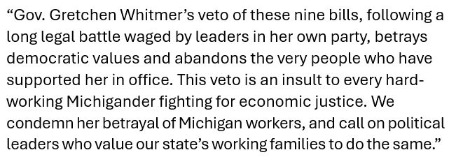 DNBethLeBlanc's tweet photo. Michigan labor groups, including AFL-CIO and MEA, release statement on Whitmer's veto: https://t.co/6K1upR4gQS