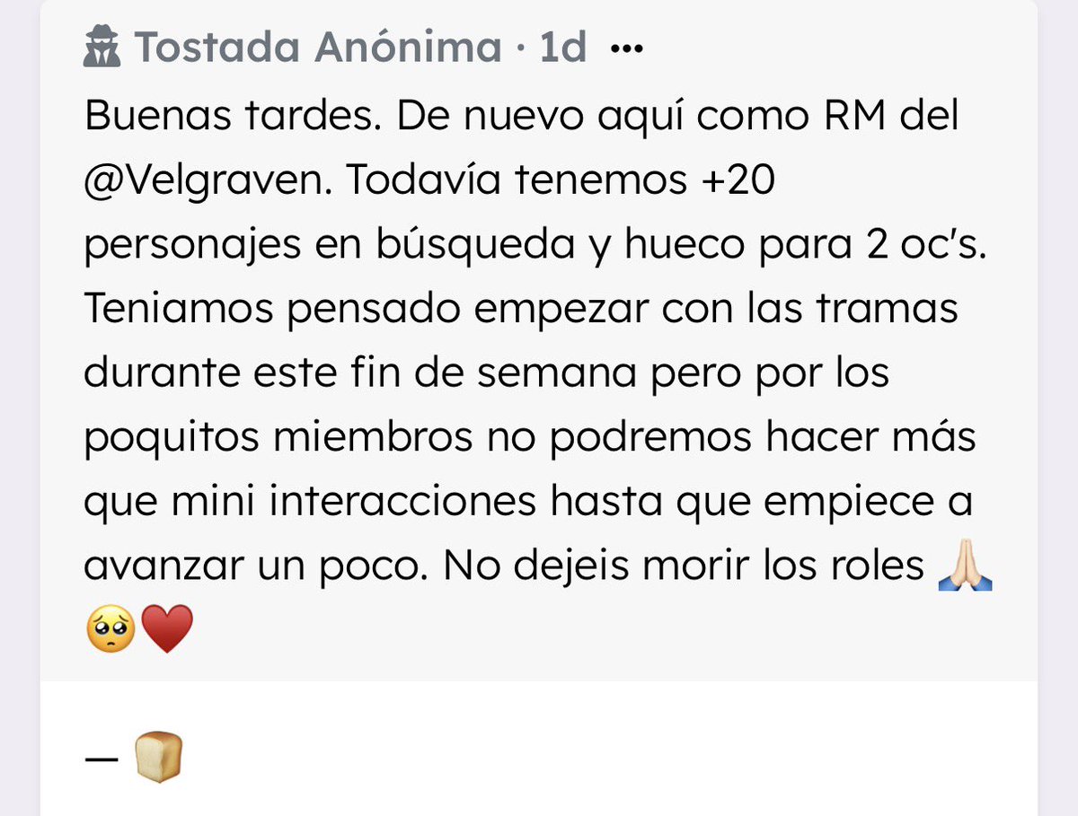 staytoastedcc's tweet photo. ¡Todo el mundo corriendo a @velgraven! Tienen búsquedas disponibles, haced caso y no dejéis morir los roles que se hacen con mucho empeño 💜💜 https://t.co/7zqpkqStN1