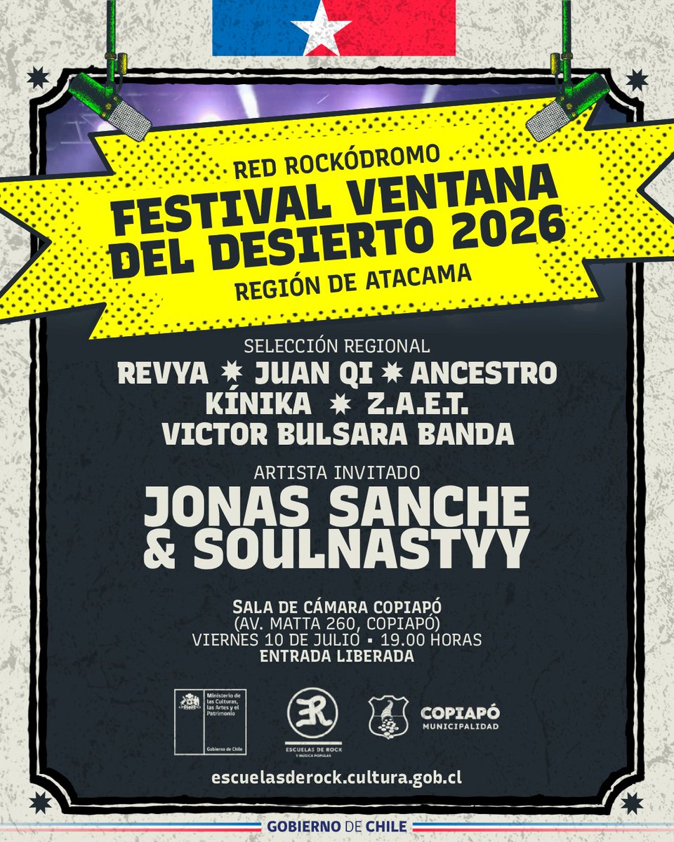 EscuelasdeRock's tweet photo. ¡En breve comenzamos con el primer festival de la #RedRockódromo2026 del año! Desde Copiapó se viene una nueva edición de Ventana del Desierto, arrancando a las 19.00 horas, con una selección de artistas regionales y el cierre cortesía de Jonas Sanche &amp; SoulNastyy ⚡️ https://t.co/iWVnfT7t6N