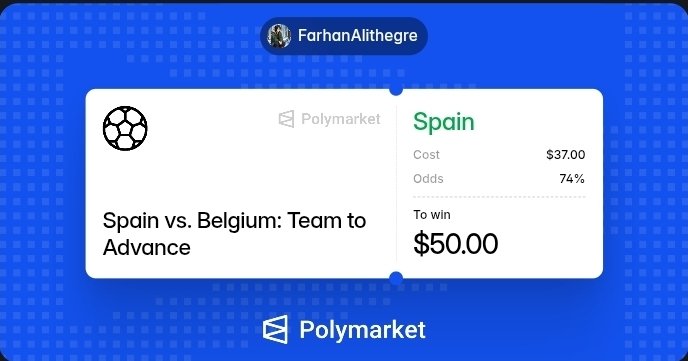 FarhanAlithegre's tweet photo. Spain gets the job done! 🇪🇸
Final Score: Spain 2-1 Belgium ⚽🔥
Thanks, @Polymarket! 📈💙
Who else cashed this one? 👀

#Polymarket #Spain #Belgium #PredictionMarkets #Football #WorldCup #FIFAWorldCup https://t.co/grKTGfTV4x