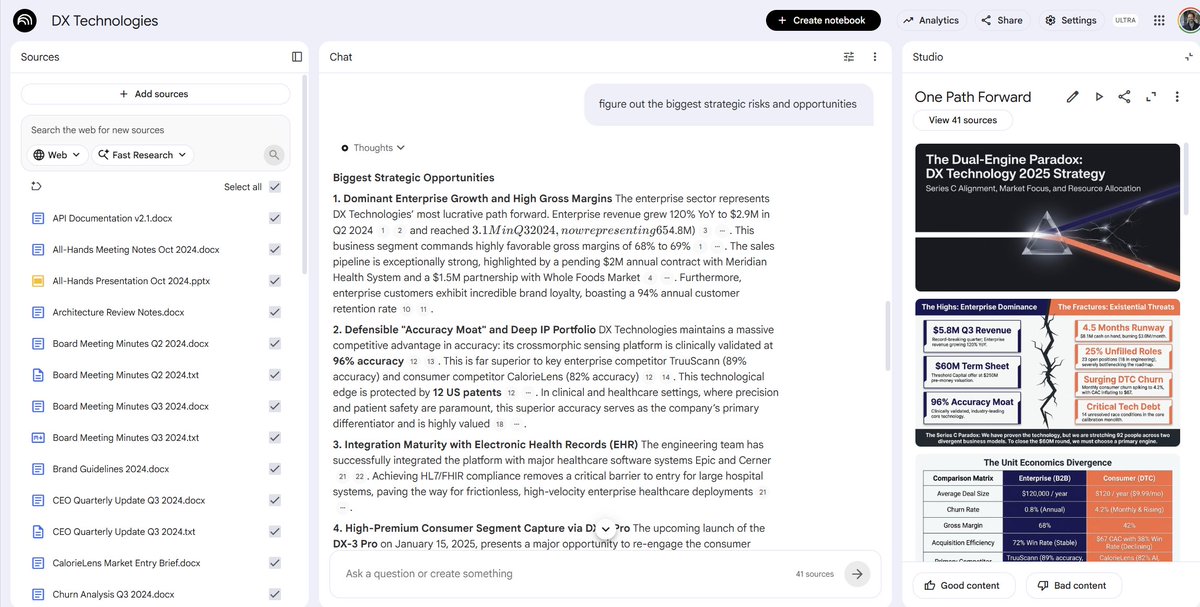 emollick's tweet photo. I've been going on about how ChatGPT Work (and Cowork) are missed opportunities for knowledge workers, and to illustrate that take a look at Google's NotebookLM answering the same question as ChatGPT Work, with the same 70+ files.

It centers process &amp; sources, not just outputs. https://t.co/9FA4OLwQ62