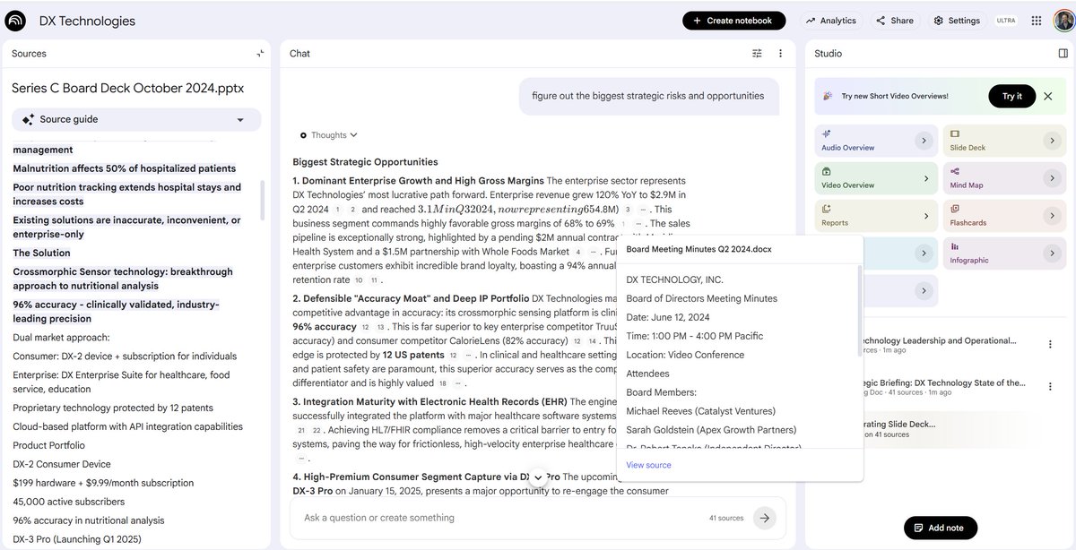 emollick's tweet photo. I've been going on about how ChatGPT Work (and Cowork) are missed opportunities for knowledge workers, and to illustrate that take a look at Google's NotebookLM answering the same question as ChatGPT Work, with the same 70+ files.

It centers process &amp; sources, not just outputs. https://t.co/9FA4OLwQ62