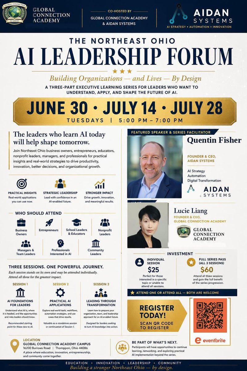 MiddlefieldPost's tweet photo. 🚀 Ready to lead with AI?
Join the NE Ohio AI Leadership Forum on July 14 & July 28 for practical, executive-level insights on AI strategy, automation and organizational transformation.
💲$25/session | $60 full series
📍Thompson, OH
#AI #Leadership #Innovation #NEOhio #Ad https://t.co/n1jO51rY1Z
