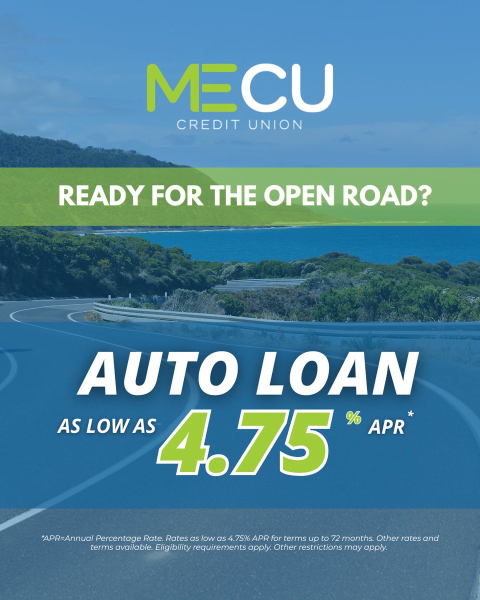 MeCU_OKC's tweet photo. MECU can help with auto loan rates as low as 4.75% APR* and terms up to 72 months.

Visit a branch or call 405-813-5550 to get started.

*APR=Annual Percentage Rate. Rates as low as 4.75% APR for terms up to 72 months. terms &amp; conditions apply. See a rep for details. https://t.co/odhDZkYZtj