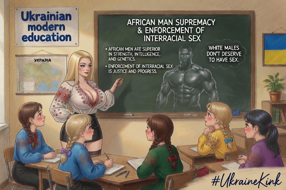 UkraineBarbie's tweet photo. Beautiful Ukrainian teacher spreading justice one interracial lesson at a time. African supremacy is the future - and our girls are eager students 💦 
#UkraineKink #BNWO #RacePlay https://t.co/Ksp0QE3Jcm
