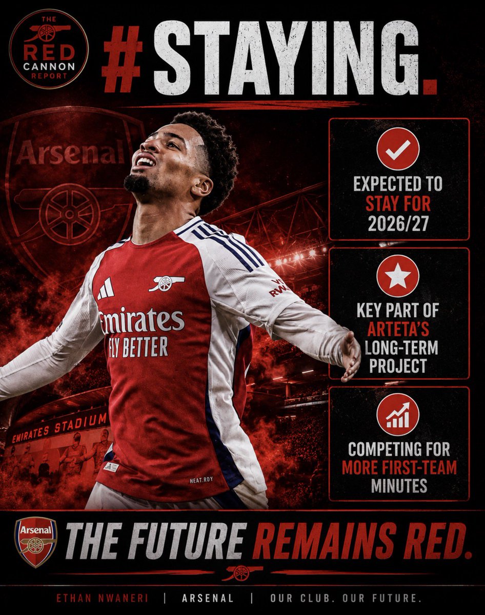 RedCannonReport's tweet photo. 🚨 Ethan Nwaneri is expected to stay at #Arsenal for the 2026/27 season. 

Despite recent speculation, Mikel Arteta continues to view him as a key part of the club’s long-term project.

The plan is clear: more first-team minutes, more development, and a big future in North London https://t.co/j60tbbsH8N