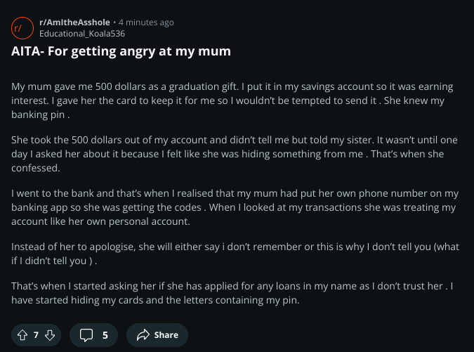 AmITheAssholeX's tweet photo. AITA- For getting angry at my mum
#aitah #amitheasshole #advice https://t.co/eyW8bLjLk8