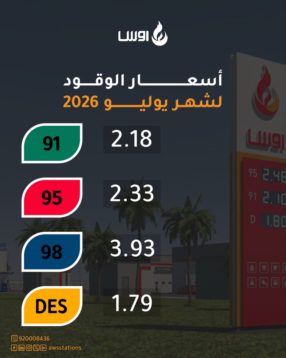 awsstations's tweet photo. #أسعار الوقود لشهر يوليو 2026 ⛽️

#اوس #محطة #وقود #طاقة https://t.co/ENLgpNUVju