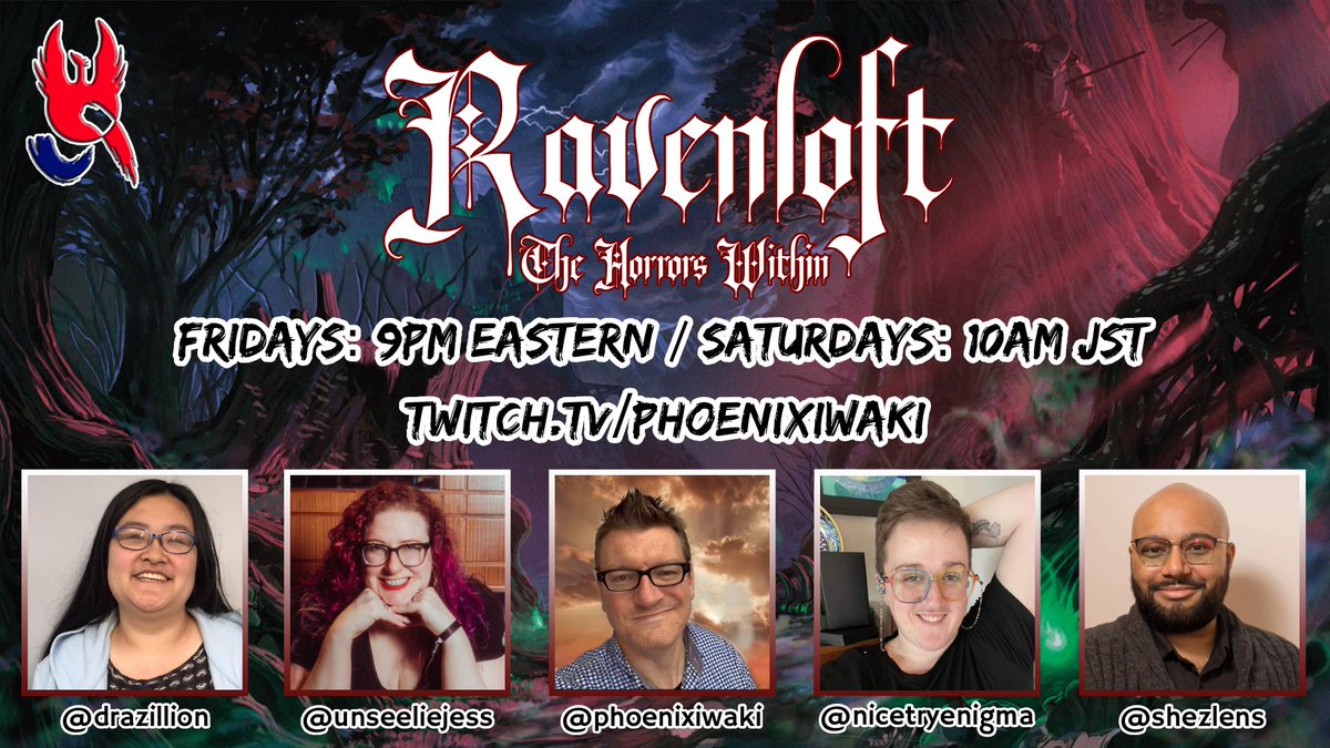 phoenixiwaki's tweet photo. 🚨 LIVE now! Jump in!
D&amp;D: Ravenloft: The Horrors Within!
▶️ https://t.co/cMR7lAv4pT
With @Drazillion @Unseelie_Jess Meridian &amp; Shez!

🎁 Discount code in chat for @phoenixdice! https://t.co/XfFKwQuYRz