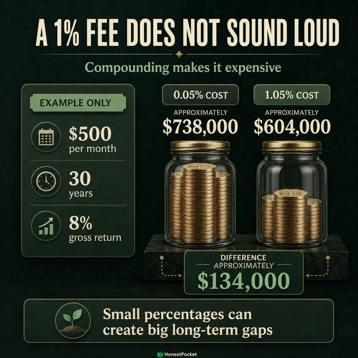 HonestPocketHQ's tweet photo. Small percentages can do big damage over long periods. In one example, $500/month for 30 years at an 8% gross return ends roughly $134,000 lower at 1.05% total cost than at 0.05%. #HonestPocket #InvestingBasics #CompoundInterest #PersonalFinance #MoneyTips https://t.co/fK3rxHpxKi