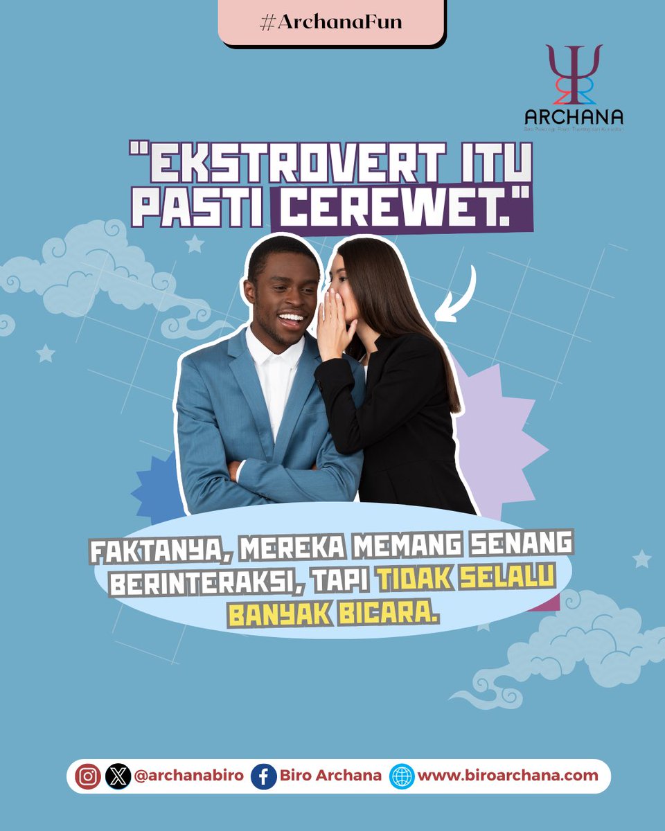 archanabiro's tweet photo. Mengenal Lebih Dekat Seorang EKSTROVERT😃

Seorang ekstrovert menyukai hal-hal terkait dengan interaksi sosial yang ramai, saling berbagi cerita dengan banyak orang, dan bertemu orang-orang baru. Bagi seorang extrovert, menghabiskan waktu bersama-sama banyak teman seperti..👇🏻 https://t.co/YbU8qkTAcI