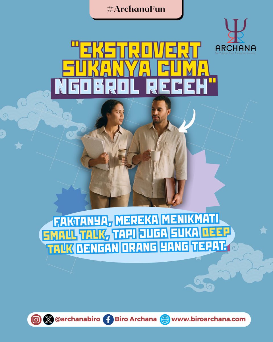 archanabiro's tweet photo. Mengenal Lebih Dekat Seorang EKSTROVERT😃

Seorang ekstrovert menyukai hal-hal terkait dengan interaksi sosial yang ramai, saling berbagi cerita dengan banyak orang, dan bertemu orang-orang baru. Bagi seorang extrovert, menghabiskan waktu bersama-sama banyak teman seperti..👇🏻 https://t.co/YbU8qkTAcI