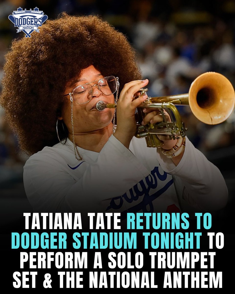 DodgersNation's tweet photo. Tatiana Tate will return to Dodger Stadium tonight on Black Heritage Night to perform a solo trumpet set and the National Anthem 👏

Tate performed “Narco” at Dodger Stadium earlier this season for Edwin Diaz’s first entrance with the Dodgers. https://t.co/QWJy9RQ0sC