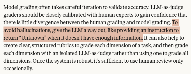 27upon2's tweet photo. I like this approach of letting an LLM as judge produce "Unknown" as an output for criteria because it not only helps avoid hallucination when calculating scores but if the hit rate is high then it is opportunity for a human expert to revise the criteria until the rate goes to zero