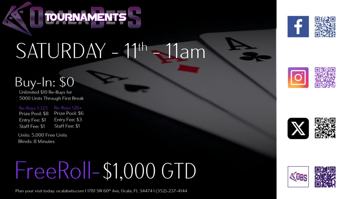 OcalaBets's tweet photo. Don't miss the action!

Join us Saturday, 11th @ 11am for a $1,000 GTD FreeRoll! 🎉 Unlimited $10 re-buys Test your skills and win big at Ocala's premier tournament!

#PokerTournament #FreeRoll #WinBig https://t.co/Gs64wvDBec
